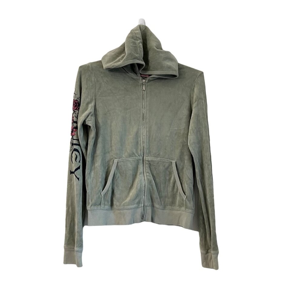 Juicy Couture Womens Green Floral Embellished Velour Full Zip Track Jacket M